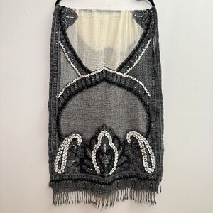 Ahujasons Beaded Paisley Fringe Merino Wool Scarf Pashmina Boho Gray 24” X 67”